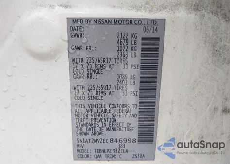 2014 Nissan Rogue S/Sl/Sv z USA, uszkodzony, nr VIN 5N1AT2MV2EC846998